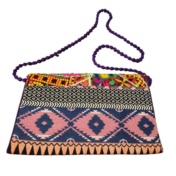 Colorful Sacred Threads Boho Clutch Purse With Beaded Strap & Embroidered Patter - Picture 4 of 10
